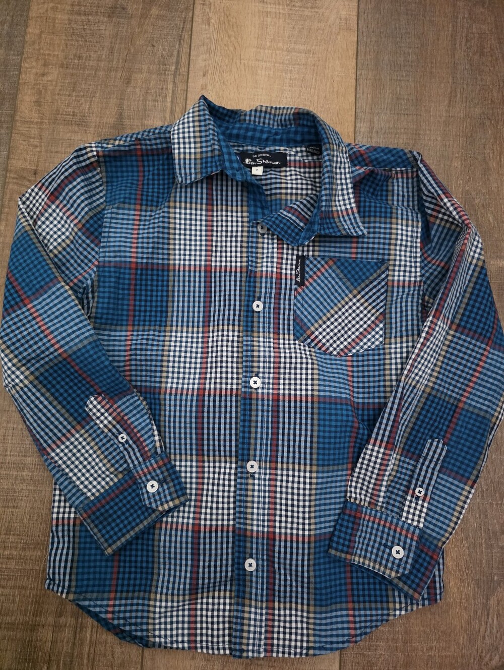 Ben Sherman Teal and Navy Plaid Button-Down Shirt - Boys size 7